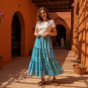 Boho Patchwork Maxi Skirt – Blue/Teal Print – Women’s Size M/L (Elastic Waist)